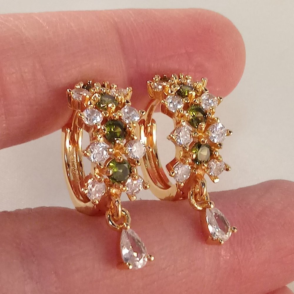 18K Yellow Gold Filled Olive Green Diamond Zircon Hoop Dangle Earrings - Picture 7 of 7
